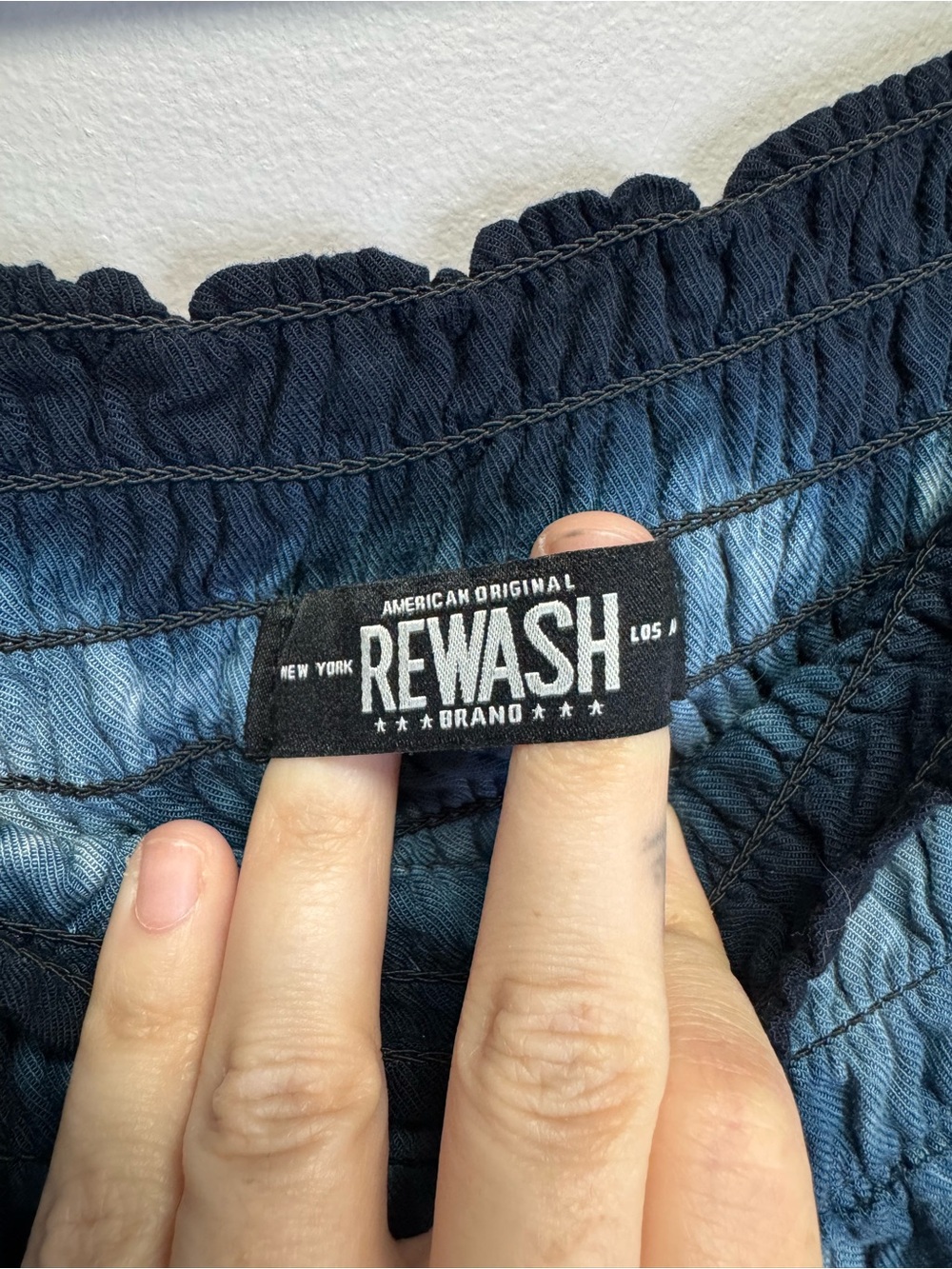 Rewash Navy and White Tie-Dye Smocked Waist Linen Pants - Picture 3 of 7